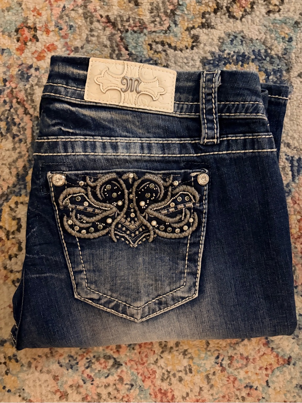 NWT Miss Me Dark Blue Skinny Jeans with Embellished Back Pockets Sz 30